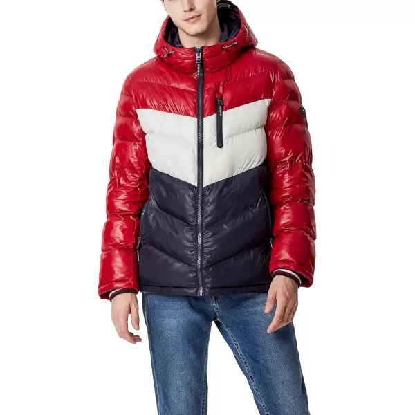 Tommy Hilfiger Mens Midweight Chevron Quilted Performance Hooded Puffer JacketRedIceNavy W Bib