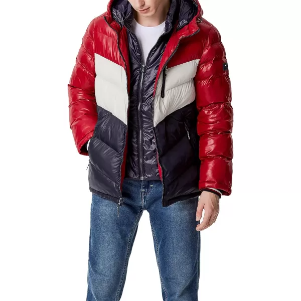 Tommy Hilfiger Mens Midweight Chevron Quilted Performance Hooded Puffer JacketRedIceNavy W Bib