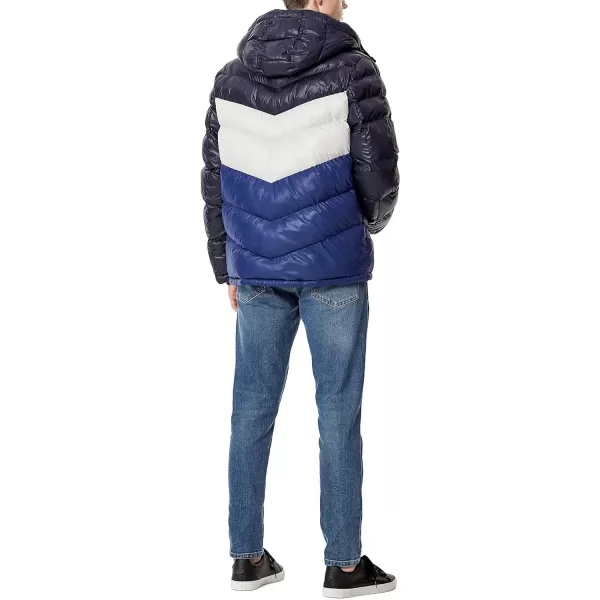 Tommy Hilfiger Mens Midweight Chevron Quilted Performance Hooded Puffer JacketRoyal Blue Colorblock W Bib