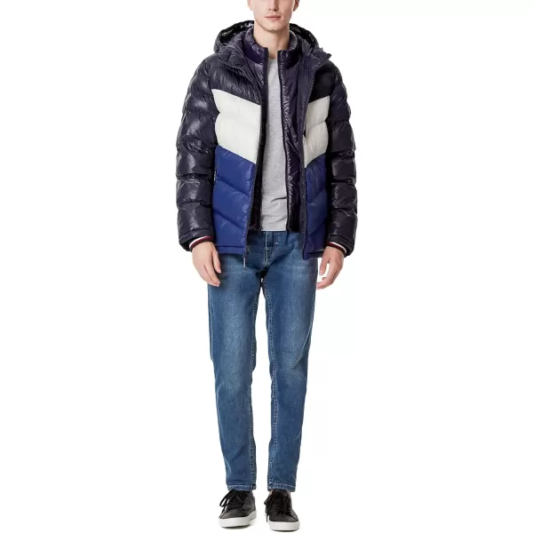 Tommy Hilfiger Mens Midweight Chevron Quilted Performance Hooded Puffer JacketRoyal Blue Colorblock W Bib