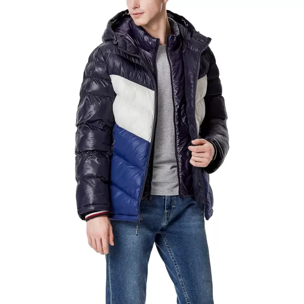 Tommy Hilfiger Mens Midweight Chevron Quilted Performance Hooded Puffer JacketRoyal Blue Colorblock W Bib