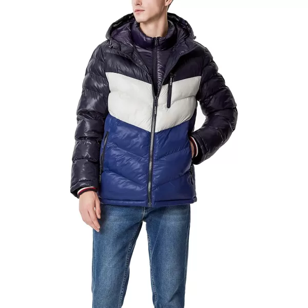 Tommy Hilfiger Mens Midweight Chevron Quilted Performance Hooded Puffer JacketRoyal Blue Colorblock W Bib