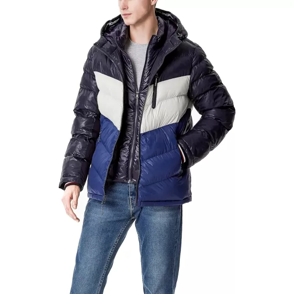 Tommy Hilfiger Mens Midweight Chevron Quilted Performance Hooded Puffer JacketRoyal Blue Colorblock W Bib