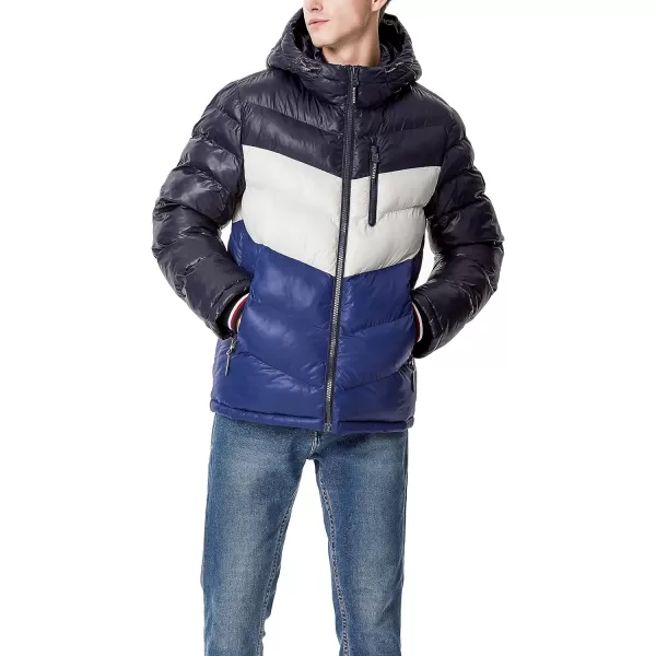 Tommy Hilfiger Mens Midweight Chevron Quilted Performance Hooded Puffer JacketRoyal Blue Colorblock W Bib