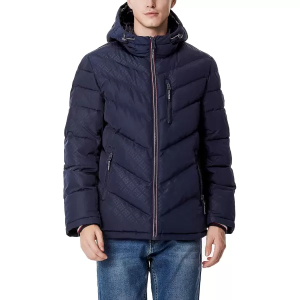 Tommy Hilfiger Mens Midweight Chevron Quilted Performance Hooded Puffer JacketTh Print W Bib