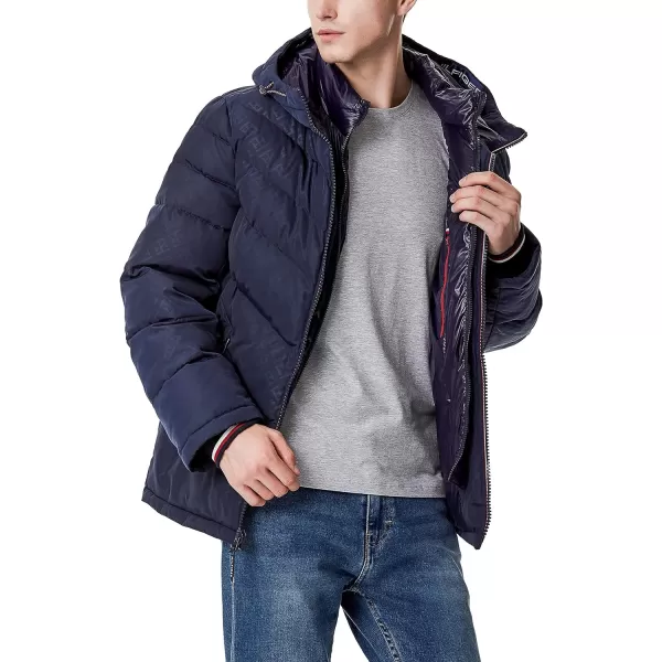 Tommy Hilfiger Mens Midweight Chevron Quilted Performance Hooded Puffer JacketTh Print W Bib