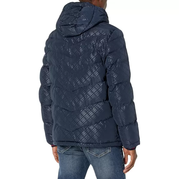 Tommy Hilfiger Mens Midweight Chevron Quilted Performance Hooded Puffer JacketTommy Logo Print