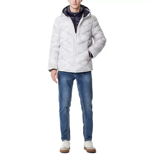 Tommy Hilfiger Mens Midweight Chevron Quilted Performance Hooded Puffer JacketTonal White Camo W Bib