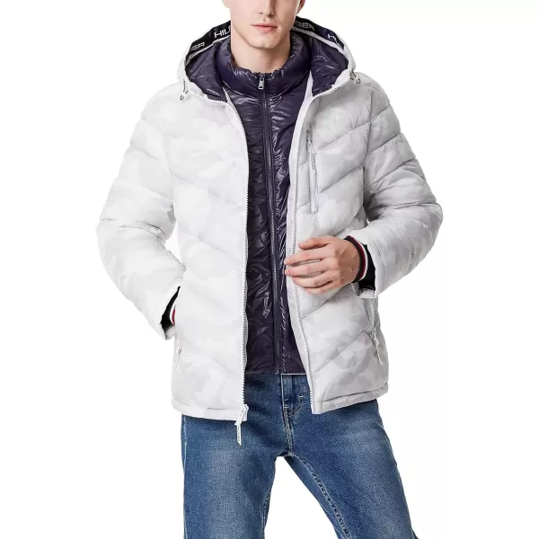 Tommy Hilfiger Mens Midweight Chevron Quilted Performance Hooded Puffer JacketTonal White Camo W Bib