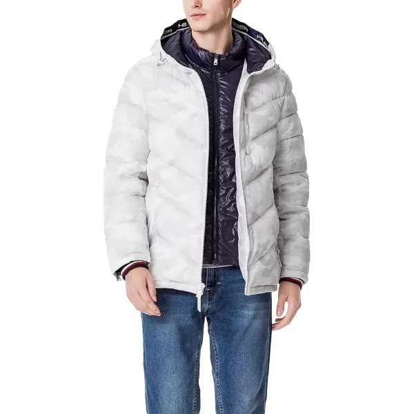 Tommy Hilfiger Mens Midweight Chevron Quilted Performance Hooded Puffer JacketTonal White Camo W Bib