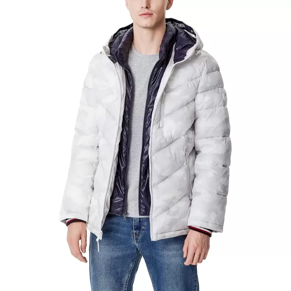 Tommy Hilfiger Mens Midweight Chevron Quilted Performance Hooded Puffer JacketTonal White Camo W Bib