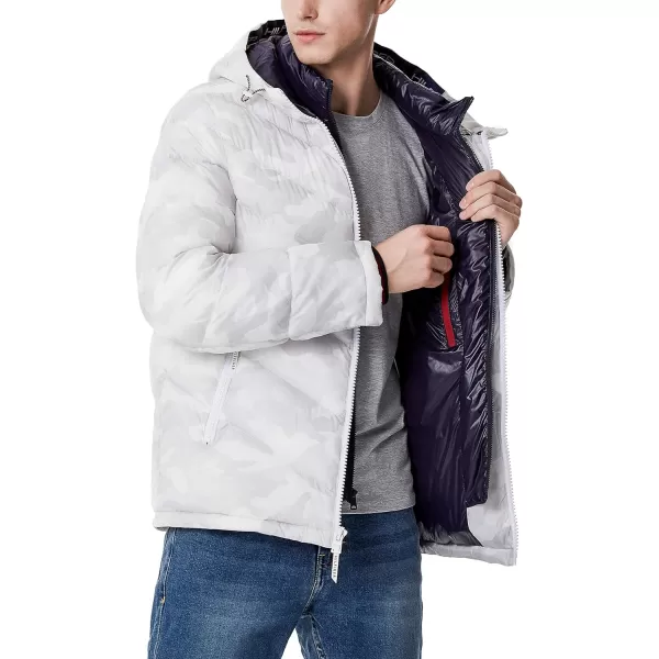 Tommy Hilfiger Mens Midweight Chevron Quilted Performance Hooded Puffer JacketTonal White Camo W Bib