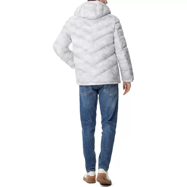 Tommy Hilfiger Mens Midweight Chevron Quilted Performance Hooded Puffer JacketTonal White Camo W Bib