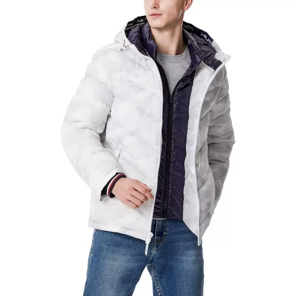 Tommy Hilfiger Mens Midweight Chevron Quilted Performance Hooded Puffer JacketTonal White Camo W Bib