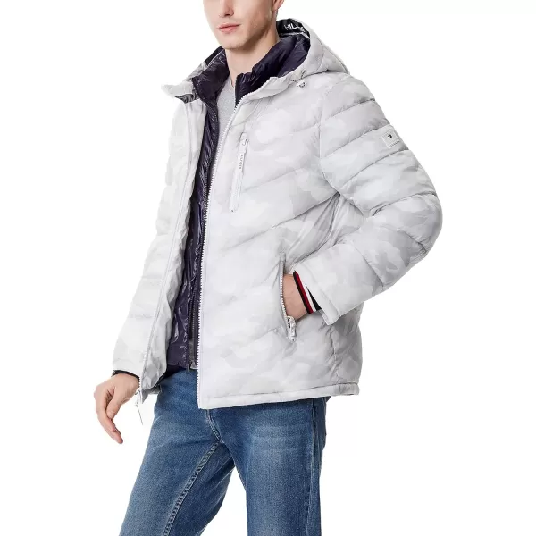 Tommy Hilfiger Mens Midweight Chevron Quilted Performance Hooded Puffer JacketTonal White Camo W Bib