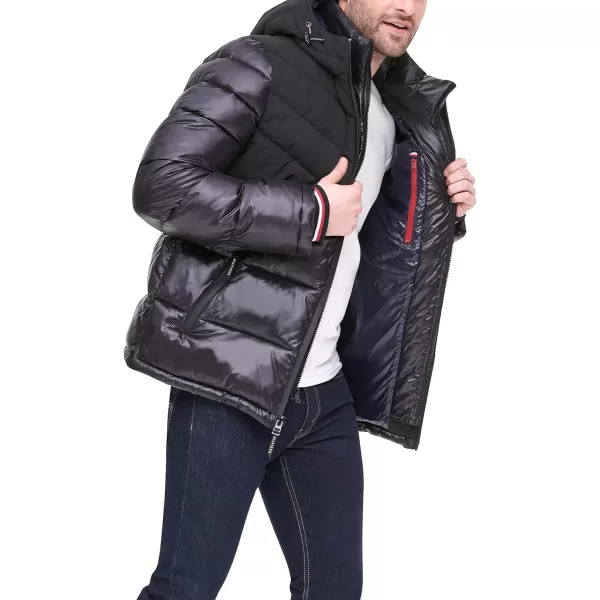 Tommy Hilfiger Mens Midweight Chevron Quilted Performance Hooded Puffer JacketTwo Tone Black W Bib