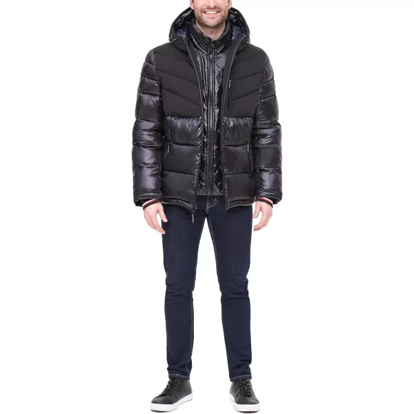 Tommy Hilfiger Mens Midweight Chevron Quilted Performance Hooded Puffer JacketTwo Tone Black W Bib