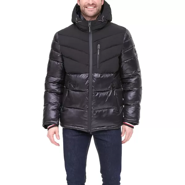 Tommy Hilfiger Mens Midweight Chevron Quilted Performance Hooded Puffer JacketTwo Tone Black W Bib