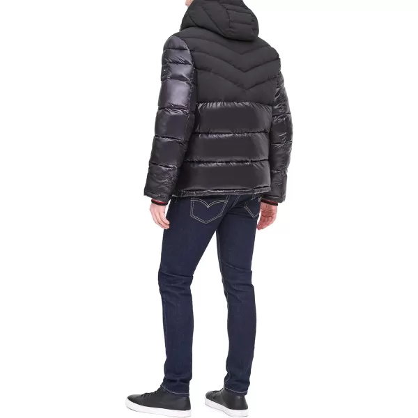 Tommy Hilfiger Mens Midweight Chevron Quilted Performance Hooded Puffer JacketTwo Tone Black W Bib