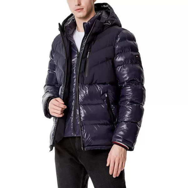 Tommy Hilfiger Mens Midweight Chevron Quilted Performance Hooded Puffer JacketTwo Tone Midnight W Bib