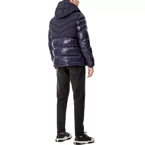 Tommy Hilfiger Mens Midweight Chevron Quilted Performance Hooded Puffer JacketTwo Tone Midnight W Bib