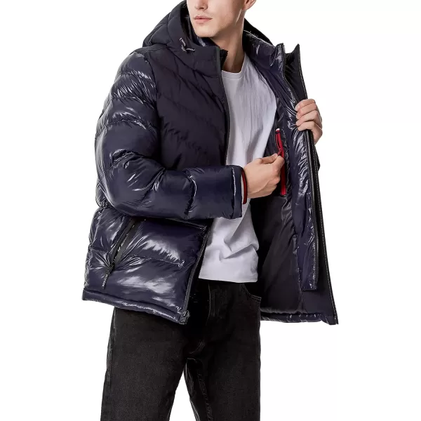 Tommy Hilfiger Mens Midweight Chevron Quilted Performance Hooded Puffer JacketTwo Tone Midnight W Bib