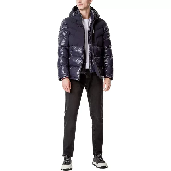 Tommy Hilfiger Mens Midweight Chevron Quilted Performance Hooded Puffer JacketTwo Tone Midnight W Bib