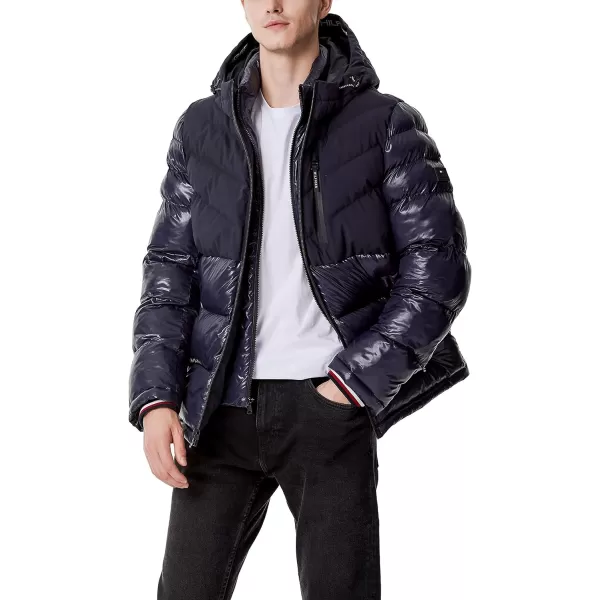 Tommy Hilfiger Mens Midweight Chevron Quilted Performance Hooded Puffer JacketTwo Tone Midnight W Bib