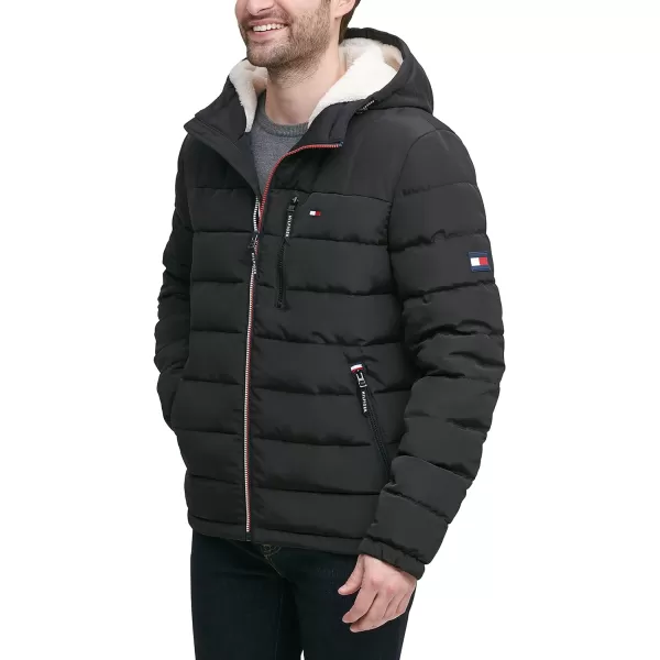 Tommy Hilfiger Mens Midweight Sherpa Lined Hooded Water Resistant Puffer JacketBlack Tech