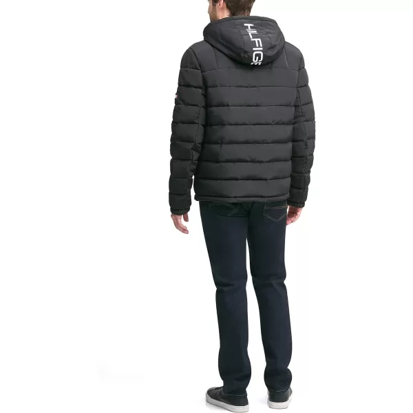 Tommy Hilfiger Mens Midweight Sherpa Lined Hooded Water Resistant Puffer JacketBlack Tech