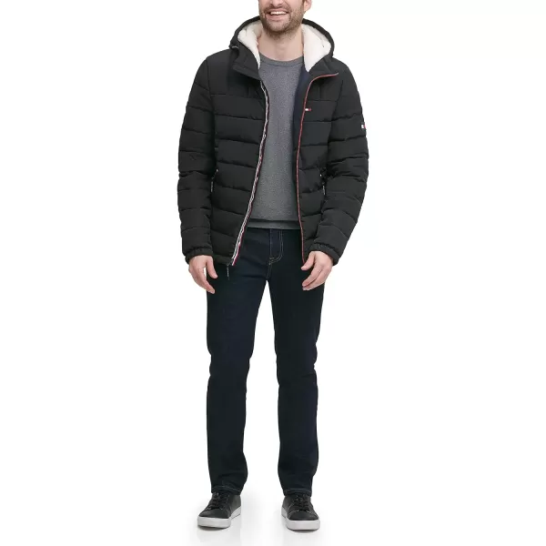 Tommy Hilfiger Mens Midweight Sherpa Lined Hooded Water Resistant Puffer JacketBlack Tech