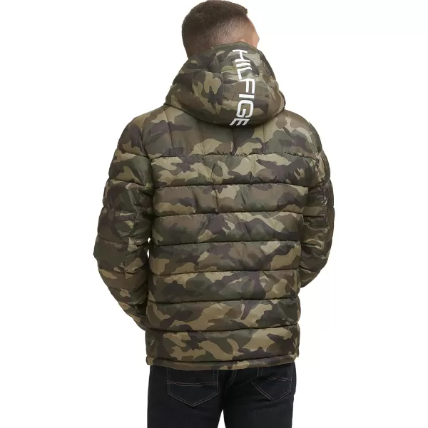 Tommy Hilfiger Mens Midweight Sherpa Lined Hooded Water Resistant Puffer JacketCamouflage Tech