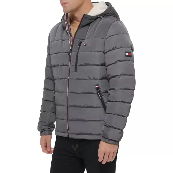 Tommy Hilfiger Mens Midweight Sherpa Lined Hooded Water Resistant Puffer JacketCharcoal Tech