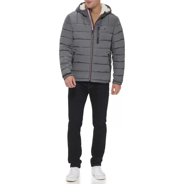 Tommy Hilfiger Mens Midweight Sherpa Lined Hooded Water Resistant Puffer JacketCharcoal Tech