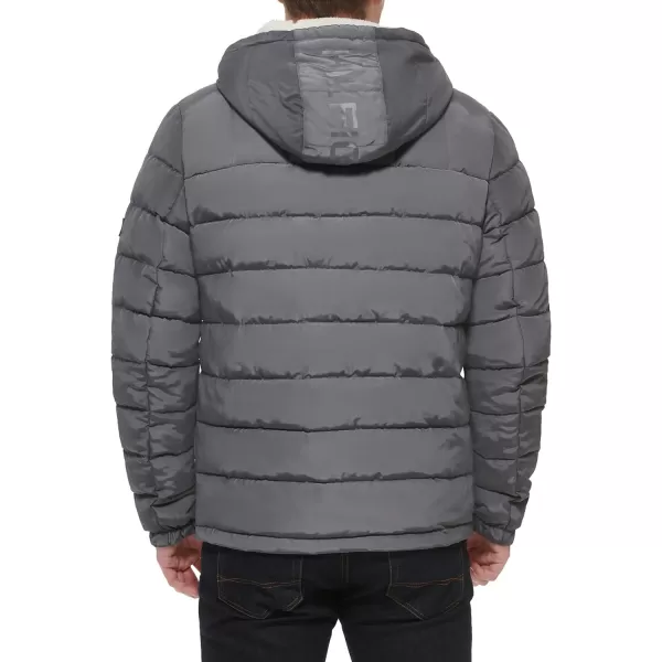 Tommy Hilfiger Mens Midweight Sherpa Lined Hooded Water Resistant Puffer JacketCharcoal Tech