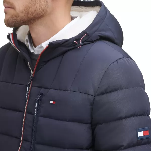 Tommy Hilfiger Mens Midweight Sherpa Lined Hooded Water Resistant Puffer JacketMidnight Tech