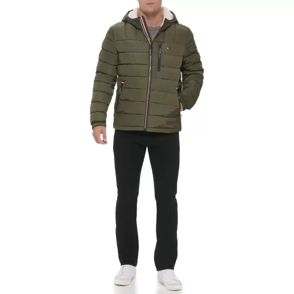 Tommy Hilfiger Mens Midweight Sherpa Lined Hooded Water Resistant Puffer JacketOlive Tech