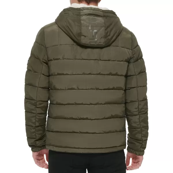 Tommy Hilfiger Mens Midweight Sherpa Lined Hooded Water Resistant Puffer JacketOlive Tech