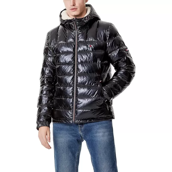 Tommy Hilfiger Mens Midweight Sherpa Lined Hooded Water Resistant Puffer JacketPearlized Black