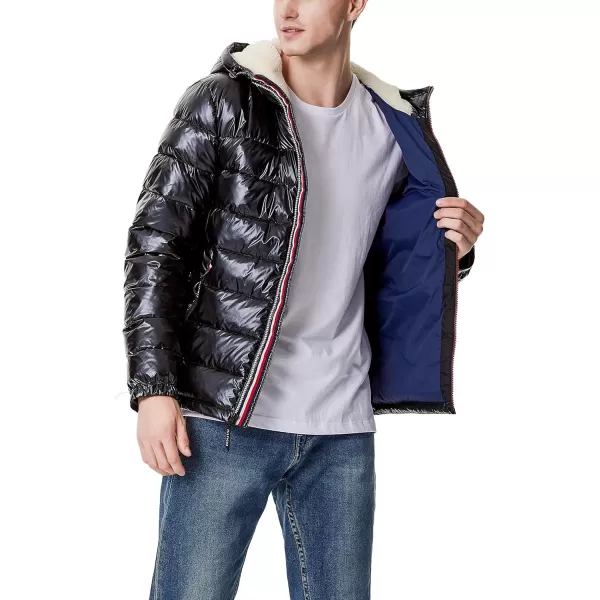 Tommy Hilfiger Mens Midweight Sherpa Lined Hooded Water Resistant Puffer JacketPearlized Black