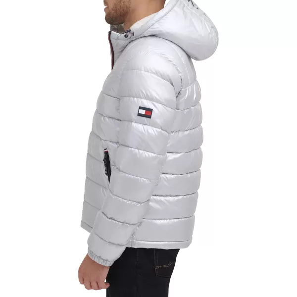 Tommy Hilfiger Mens Midweight Sherpa Lined Hooded Water Resistant Puffer JacketPearlized Grey