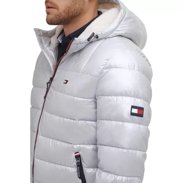 Tommy Hilfiger Mens Midweight Sherpa Lined Hooded Water Resistant Puffer JacketPearlized Grey