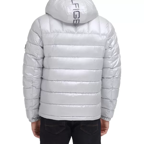 Tommy Hilfiger Mens Midweight Sherpa Lined Hooded Water Resistant Puffer JacketPearlized Grey