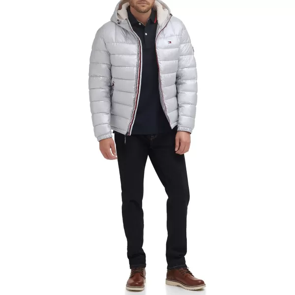 Tommy Hilfiger Mens Midweight Sherpa Lined Hooded Water Resistant Puffer JacketPearlized Grey