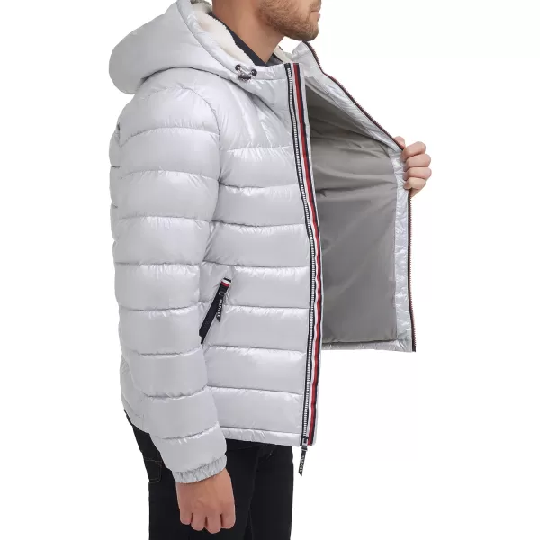 Tommy Hilfiger Mens Midweight Sherpa Lined Hooded Water Resistant Puffer JacketPearlized Grey