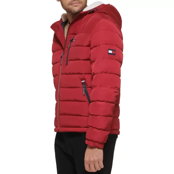 Tommy Hilfiger Mens Midweight Sherpa Lined Hooded Water Resistant Puffer JacketRed Tech