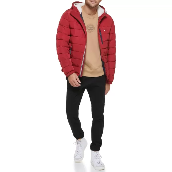 Tommy Hilfiger Mens Midweight Sherpa Lined Hooded Water Resistant Puffer JacketRed Tech