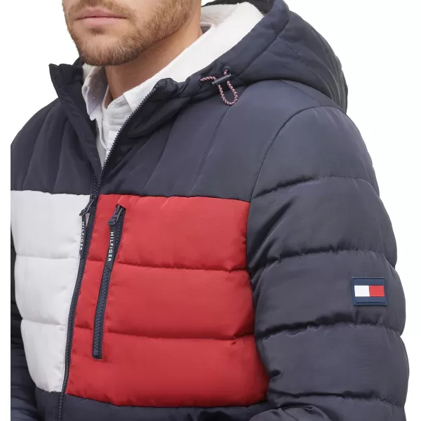 Tommy Hilfiger Mens Midweight Sherpa Lined Hooded Water Resistant Puffer JacketTommy Flag Combo Tech