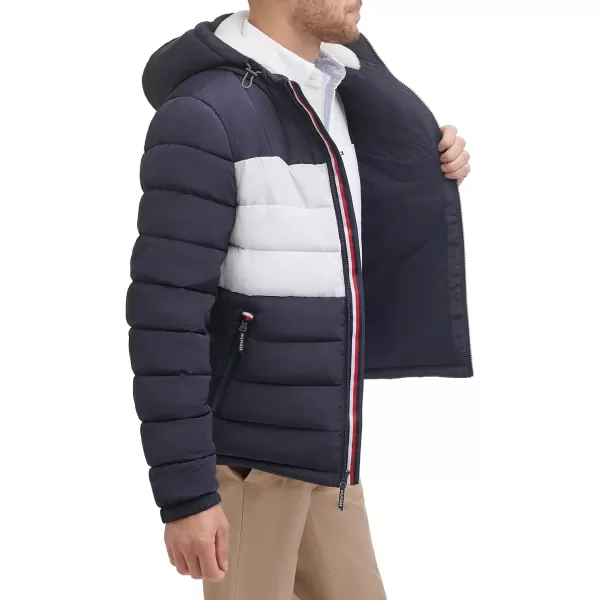 Tommy Hilfiger Mens Midweight Sherpa Lined Hooded Water Resistant Puffer JacketTommy Flag Combo Tech