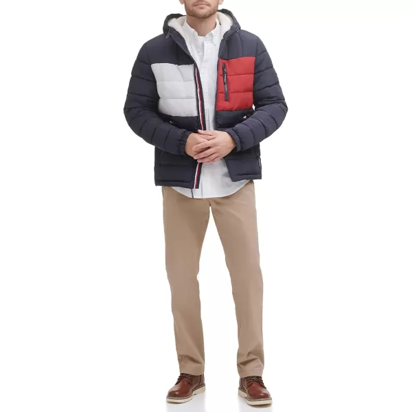 Tommy Hilfiger Mens Midweight Sherpa Lined Hooded Water Resistant Puffer JacketTommy Flag Combo Tech